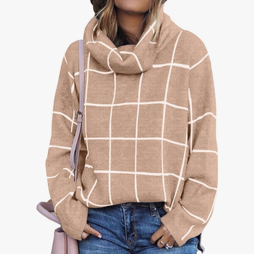 NWOT Plaid Khaki Knit Turtleneck Sweater Cowl Neck Pullover